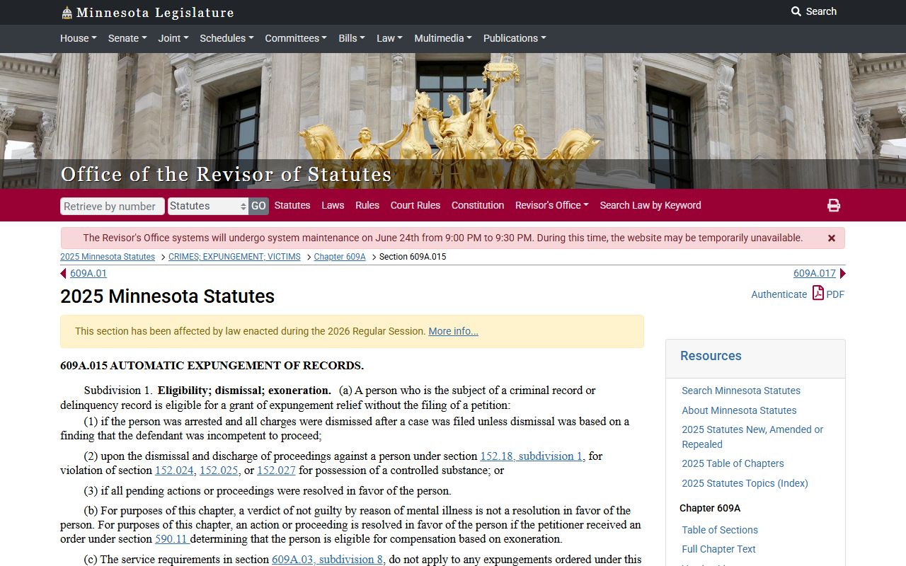 Sibley County arrest records automatic expungement statute