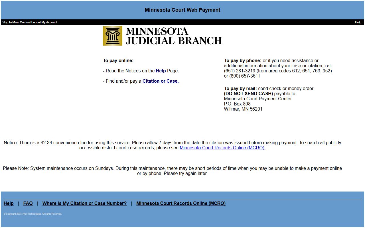 Minnesota Court Web Payment search for citation and case payments.