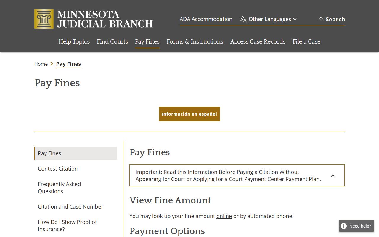 Minnesota Judicial Branch pay-a-fine page with deadlines and payment information.