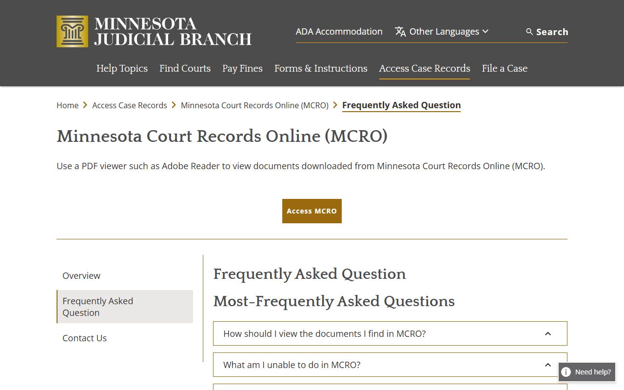 Sibley County court records MCRO FAQ access limits