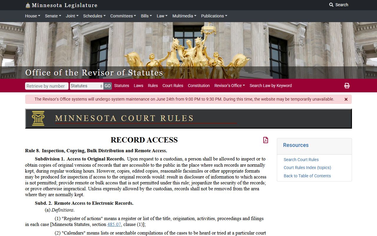 Sibley County court records remote access Rule 8