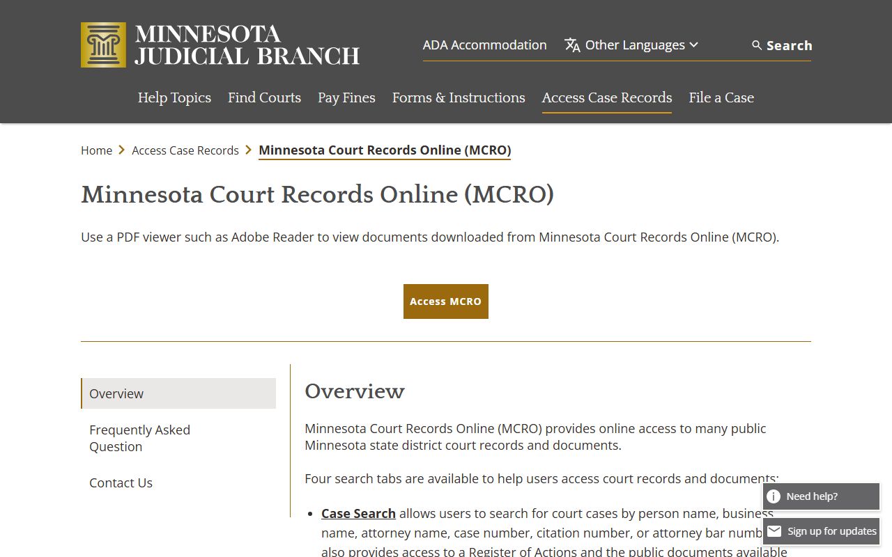 MCRO overview page for Sibley County court record lookup