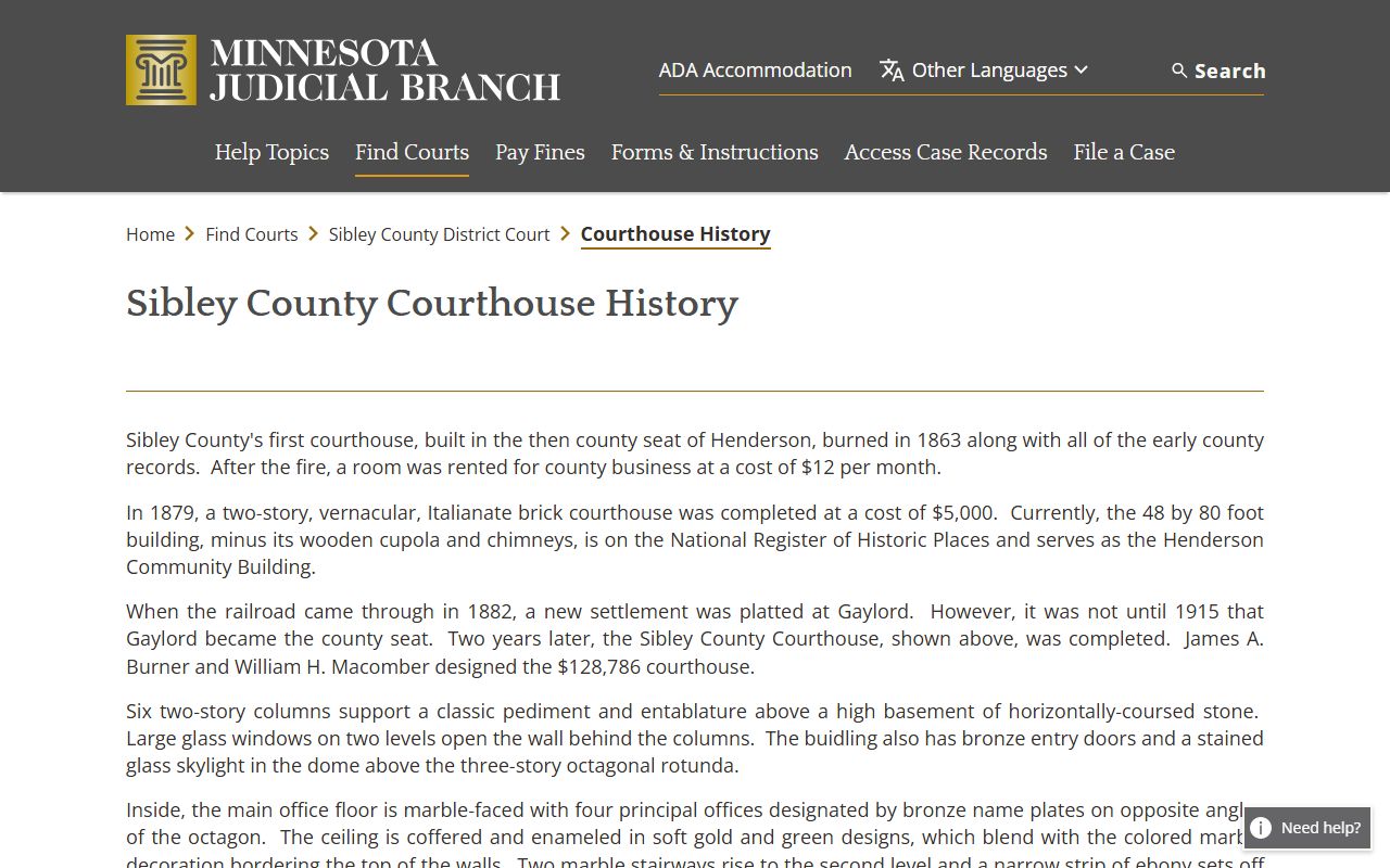 Sibley County courthouse history page with the 1917 courthouse background