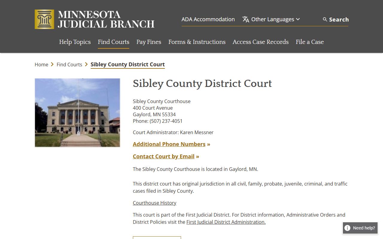 Sibley County District Court page with courthouse address and contact details