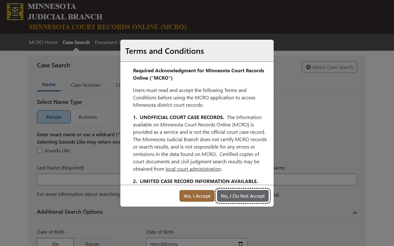 MCRO Case Search portal for Sibley County court records