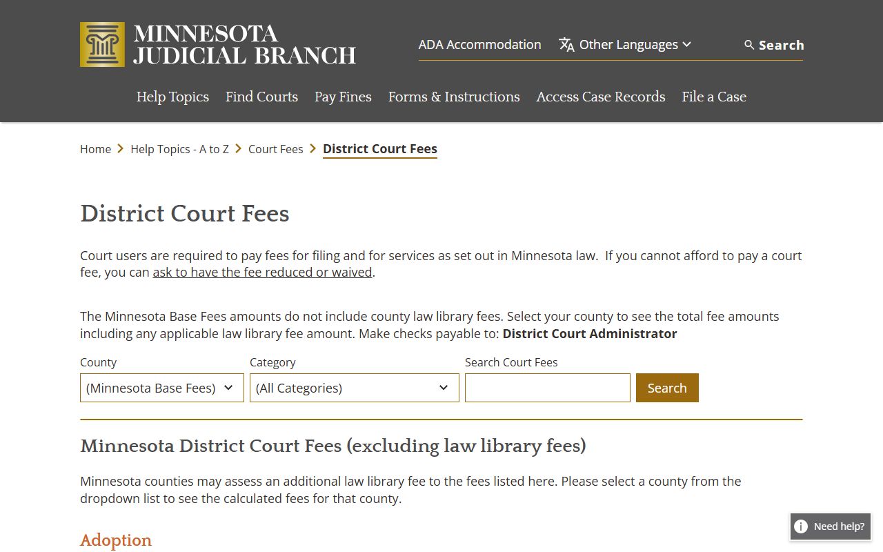 Minnesota District Court fee schedule for Sibley County records access