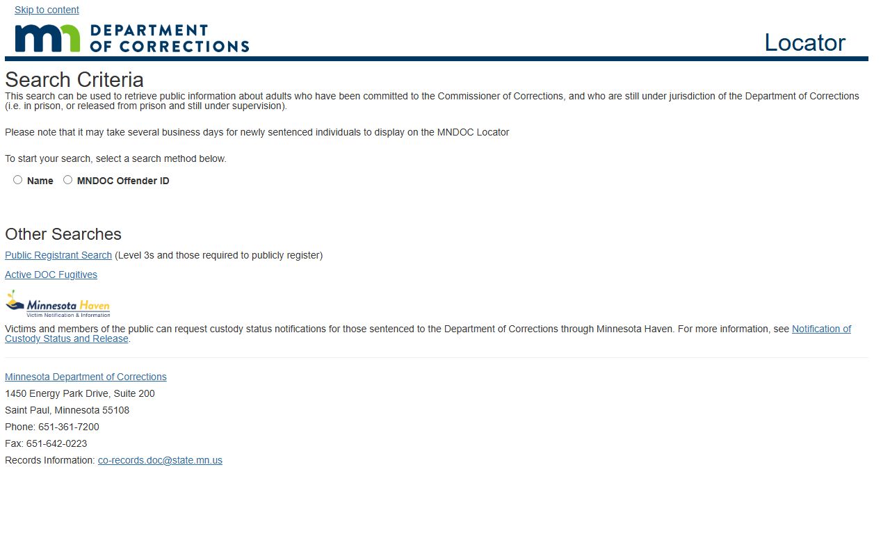 Minnesota DOC public offender locator page for adults under DOC jurisdiction