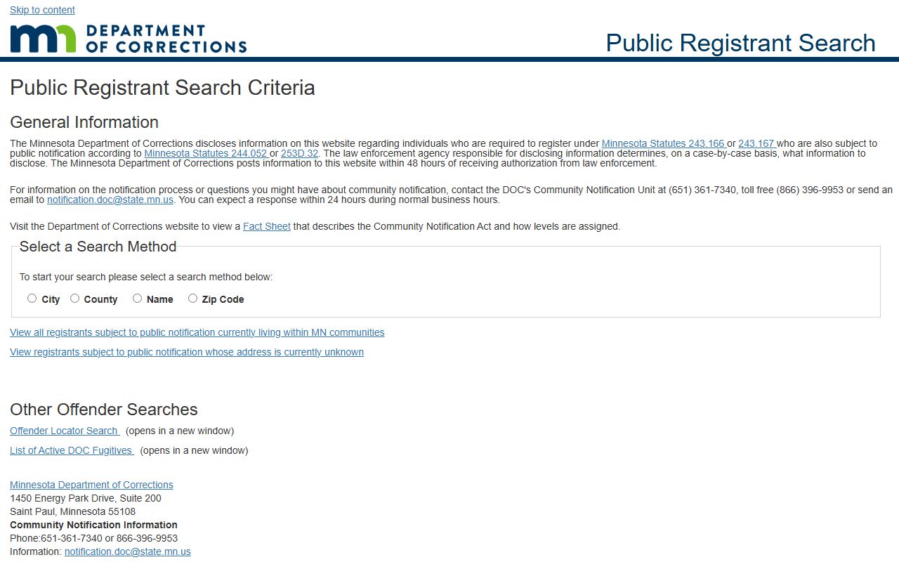 Minnesota DOC public registrant search for community-notification registrants