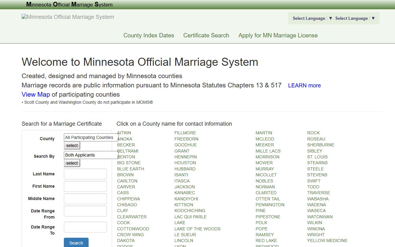 Sibley County marriage records Minnesota Official Marriage System
