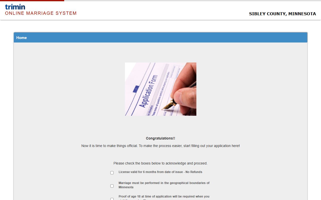 Sibley County marriage records electronic application portal