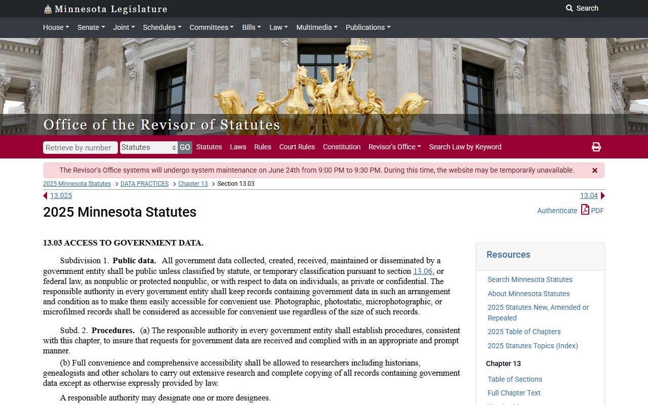 Minnesota Government Data Practices Act statute page used for traffic record access