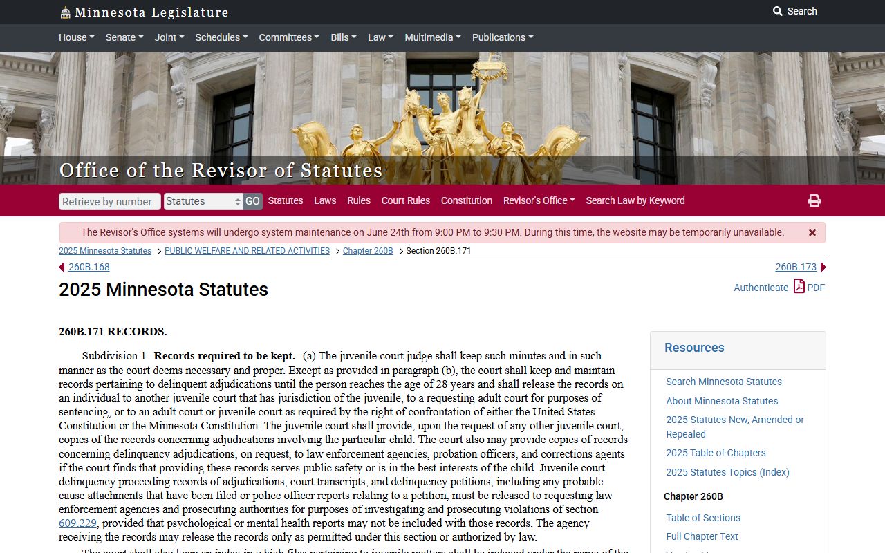 Minnesota juvenile court records statute page used for restricted traffic matters